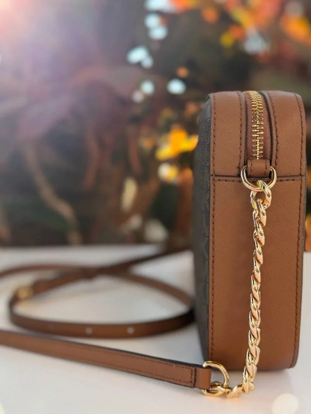 Michael Kors Jet Set East West Crossbody Bag Brown MK Signature PVC New
